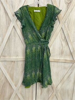 Sophia Eugene Silk Emerald Green Floral Wrap Mini Dress